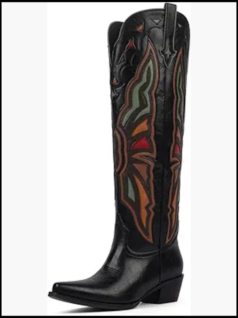 Knee High Cowboy Boots Chunky Heel Pointed Toe Embroidered Western Boots Pull On